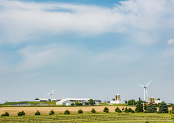 A large farm with barns and silos with wind turbines and a raked hay field in the foreground with spruce trees. © Margaret Burlingham