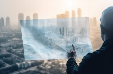 Construction engineer holding plan in double exposure. Generative AI
