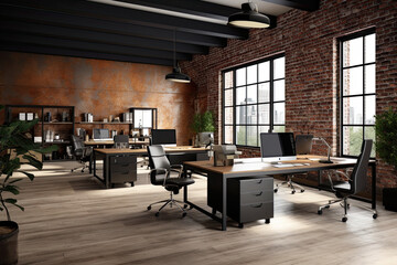 Fototapeta na wymiar Interior of modern office with exposed brick wall. Generative AI
