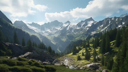 Fototapeta na wymiar Peaceful minimalist mountain scenery. Generative IA