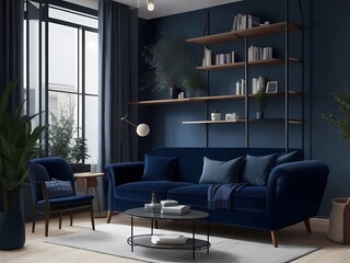 Modern Interior with Blue Sofa, Ladder Shelf, and Beautiful Lamps