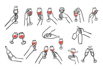 Collection of different hands gestures hold wineglass or drink. Hand drawn style. Hand for logo in restaurant or bar. Vector illustration