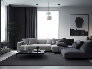 Long Grey Sofa and Coffee Table in a Modern Home with Beautiful Lamps