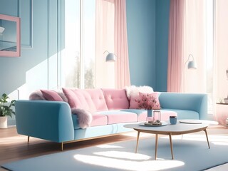Modern Interior with Pink and Blue Sofa, Lamps, and Sunlit Window, 