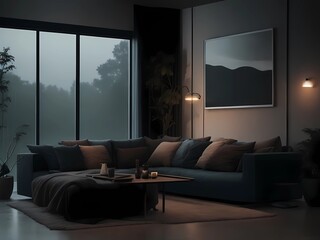 Interior with Modern Sofa and Coffee Table, Beautiful and Modern Lamps, Low Light Raining Vibe