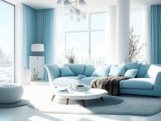 Modern Interior with Sofa, Lamps, and Serene Blue and White Ambience, Modern Home, and Fur Accents