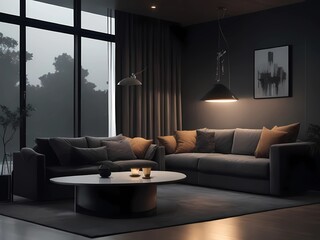 Calm and Relaxing Interior with Modern Sofa and Lamps, Low Light With Raining Vibe