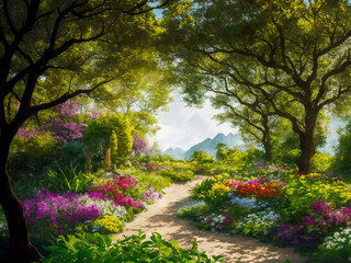 Fototapeta premium Footpath in the park through the trees and flowers. Generative AI.