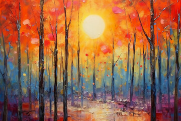 Romantic forest in the sunlight abstract painting. AI generative