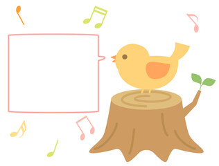 切り株の上にとまっている鳥のイラスト　吹き出しと音符があるバージョン