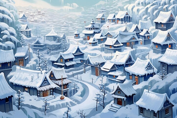 Fototapeta na wymiar Snowing village, winter. AI generative