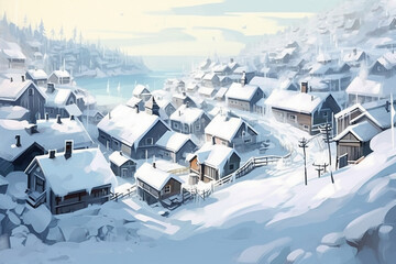 Fototapeta na wymiar Snowing village, winter. AI generative