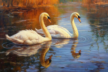 Swans oil Painting, ultra detailed, brush strokes. AI generative