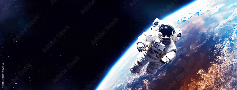 Wall mural astronaut spaceman on space station in outer space with planet earth background. astronauts wear ful