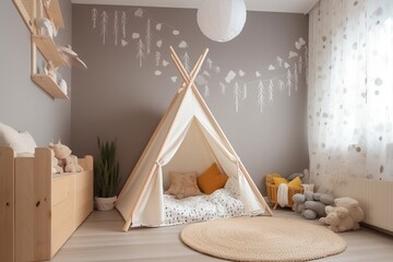 Fototapeta na wymiar Generative AI. White fabric kids teepee and Native American decor in the interior of the children's room. Natural, bright kid's bedroom interior with wooden furniture, designer accessories and poster