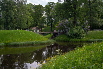 View of the bridge over the Upper Ponds in the bushes of blooming lilac in Catherine Park of...