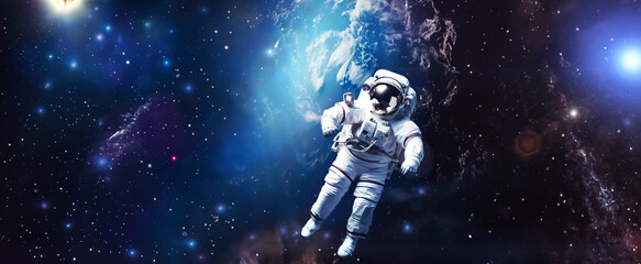 Astronaut spaceman on space station in outer space with planet earth background. Astronauts wear full spacesuits for space operation.banner background. Generative ai.