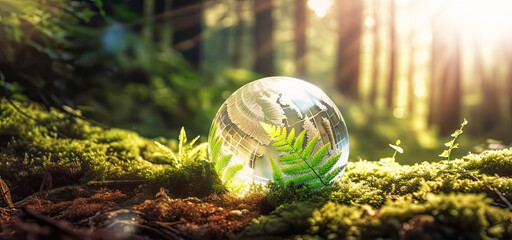Environment Concept - Globe Glass In Green Forest With Sunlight.Environment earth green ecology.Generative ai.