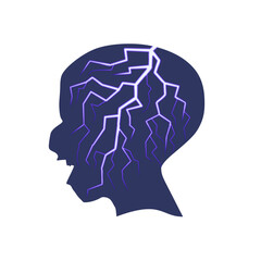 An electric lightning bolt strike in the shape of a human head. Brain function neurology health care symbol.