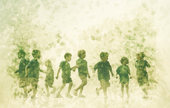 Silhouette back refugee kid group.Responsible.Kid child boy and girl worship.World kids day, Pray and worship, Hope, freedom, Diverse, Faith.Green ecology nature.generative ai.