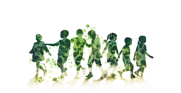 Silhouette back refugee kid group.Responsible.Kid child boy and girl worship.World kids day, Pray and worship, Hope, freedom, Diverse, Faith.Green ecology nature.generative ai.