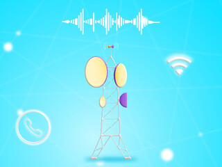 Telecommunication tower with telephone, waveform and WiFi on blue sky technology background. Illustration 3D for content communicate satellite, network signal multimedia