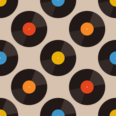 Retro vinyl records seamless vector pattern. Vintage 70s design in a minimal flat graphic style. Musical repeat background wallpaper print. 