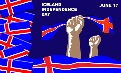 a hand holding an Icelandic flag with a framed Icelandic flag background commemorating Icelandic Independence Day on June 17
