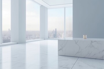 spacious room with a sleek white marble counter as the centerpiece Generative AI