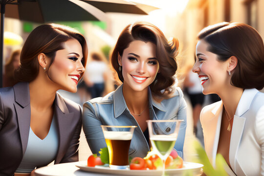 Three beautiful girlfriends eating at a sidewalk restaurant on a sunny day_2. Generative AI.
