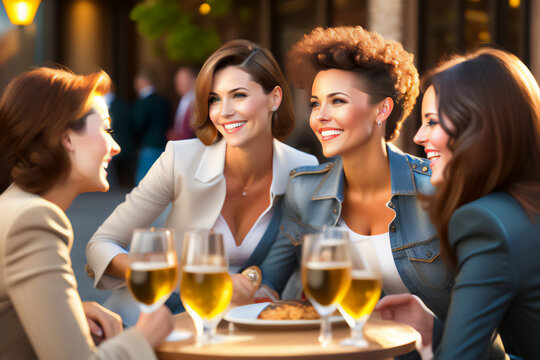 Three beautiful girlfriends eating at a sidewalk restaurant on a sunny day_7. Generative AI.