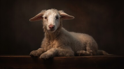 The lamb sits on a solid background