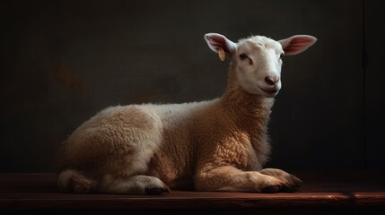 The lamb sits on a solid background