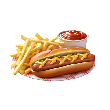 Delicious hot dog with ketchup and mustard, French fries, isolated on white background
