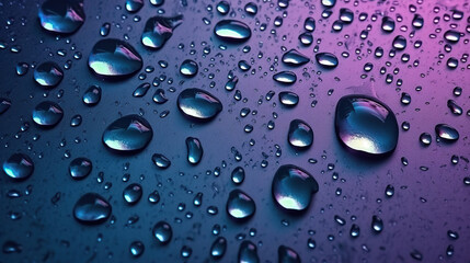 Water drops on metal background in pink and blue light