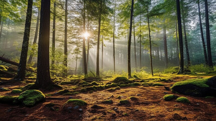 Refreshing sunrise and dense forest scenery. Generative IA