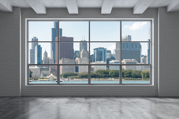 Downtown Chicago City Skyline Buildings from Window. Beautiful Expensive Real Estate. Epmty office room Interior Skyscrapers, View Lake Michigan waterfront, harbor. Cityscape. Day time. 3d rendering.