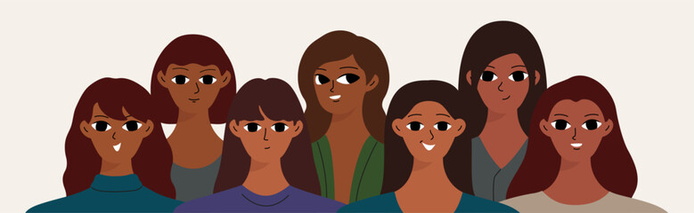 Banner with black women. Different girlish face. Cartoon design