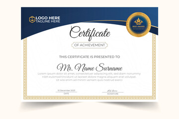 Blue and gold certificate of achievement template with gold badge and border