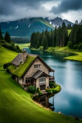 Fototapeta na wymiar A beautiful house on a greenay landscape with a small river 