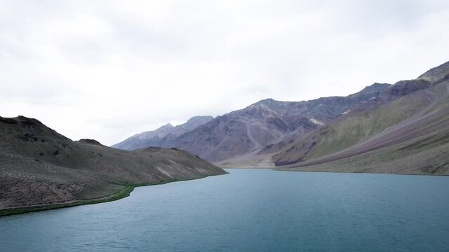 aerial view of Beautiful chandra taal or chandratal lake with mountains in the background