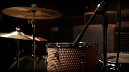 Fototapeta na wymiar Drum sticks hit on the snare drum in black background