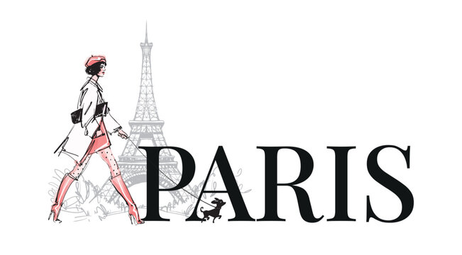 Stylish girl walks in Paris with a small dog. Trendy banner with copy space for text. A woman in a coat and high-heeled boots walks near the Eiffel Tower. Vector hand drawn illustration