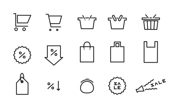 買い物を表したイラストのセット/ショッピングカート/買い物カゴ/袋/財布/ベクター/アイコン/マーク/要素