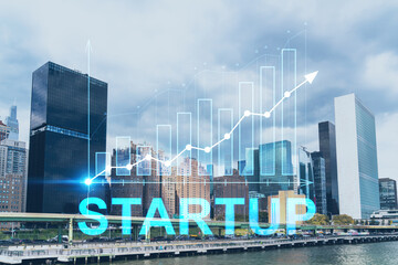 New York City skyline, United Nation headquarters over the East River, Manhattan, Midtown at day time, NYC, USA. Startup company, launch project to seek and develop scalable business model, hologram