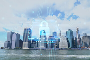 Skyline of New York City Financial Downtown Skyscrapers over East River from park, Dumbo at day time, Manhattan. The concept of cyber security to protect confidential information, padlock hologram - obrazy, fototapety, plakaty