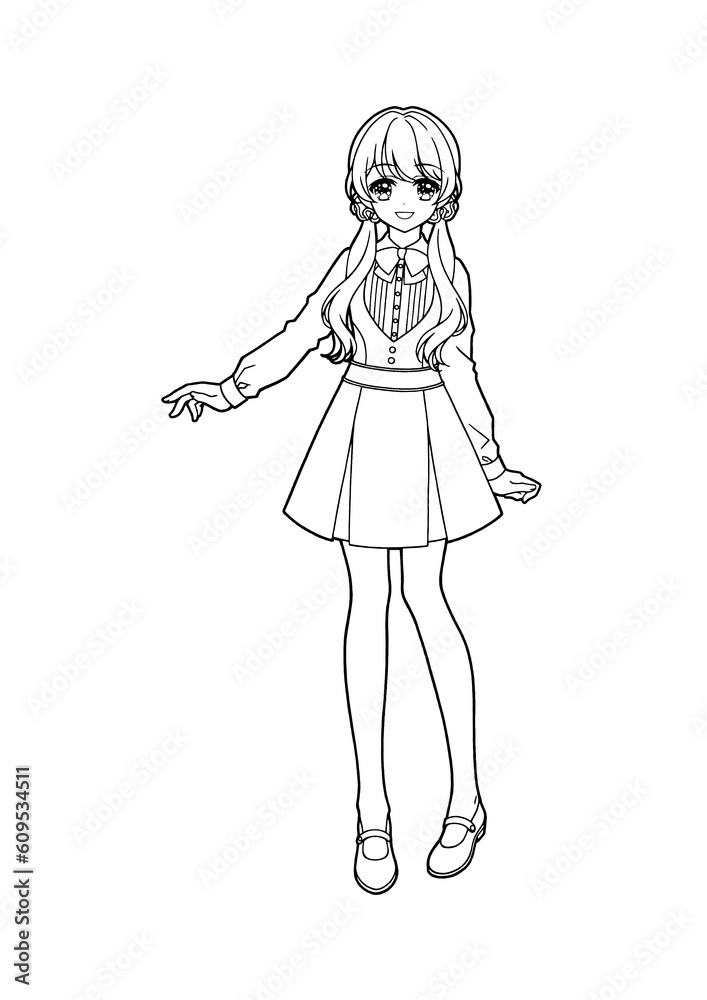 Wall mural Clip art of anime style girl(full body) for coloring book