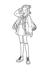Clip art of anime style girl(full body) for coloring book