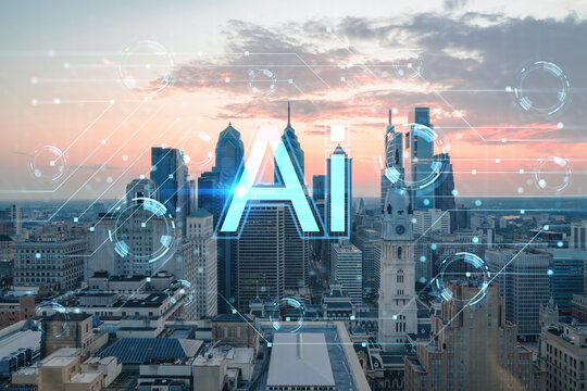 Aerial panoramic skyline of Philadelphia financial downtown, Pennsylvania, USA. City Hall Clock Tower, sunset. Artificial Intelligence concept. AI, business, machine learning, neural network, robotics