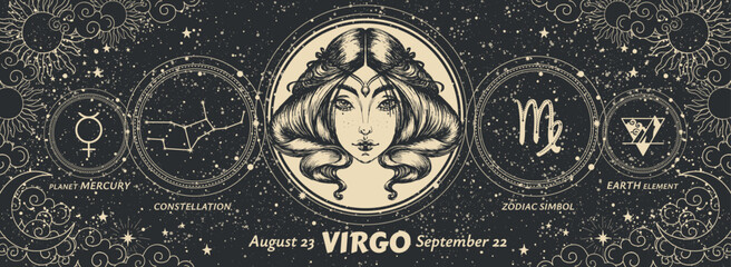 Virgo zodiac sign, mystical modern astrology banner on night landscape background, horoscope vector background. Realistic hand drawn, aesthetic vintage card, earth element.